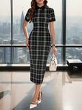 City Sleek Check Midi Dress – Power Style, Tailored to Impress