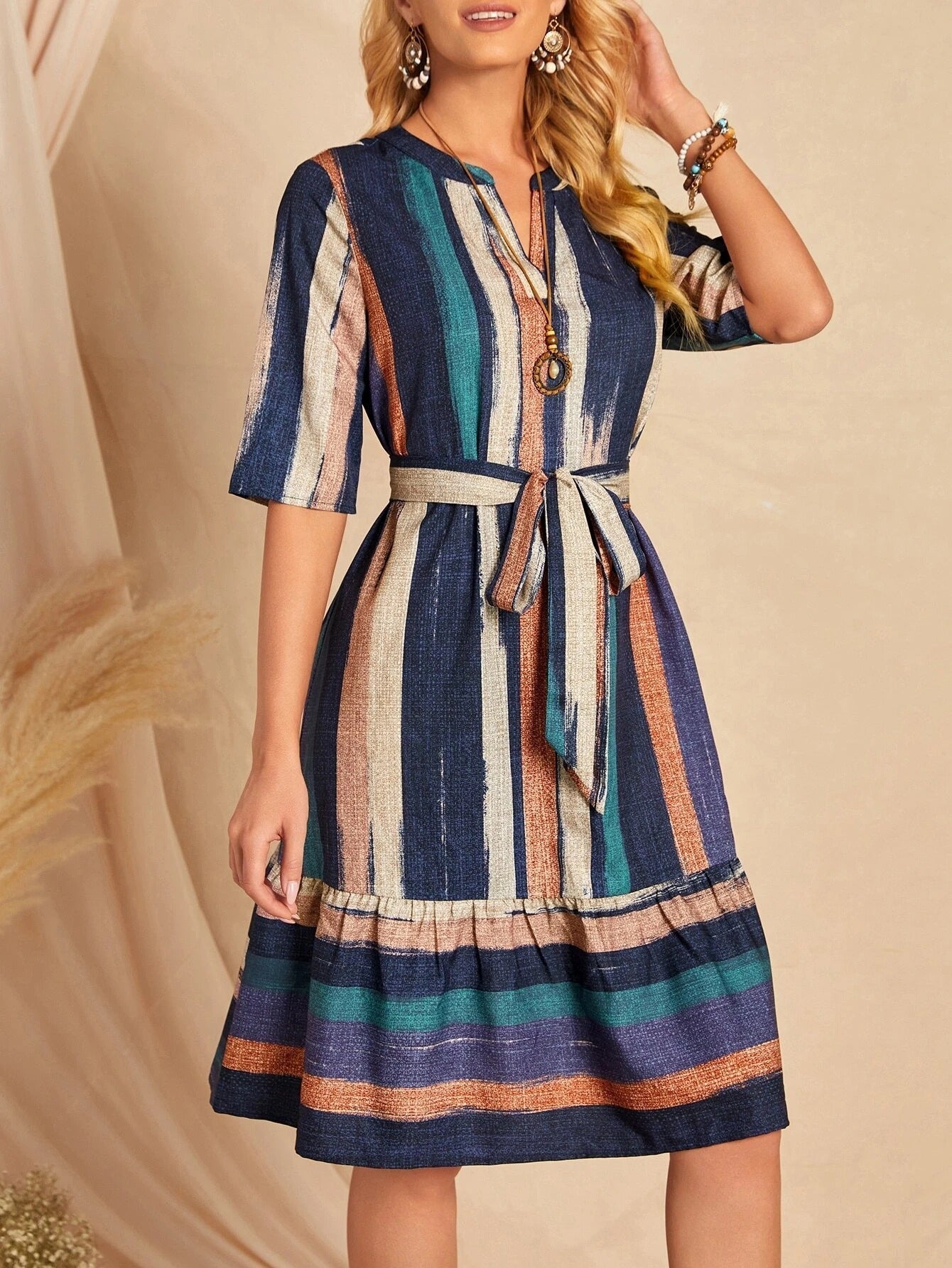 My Western Brush Print Belted Ruffle Hem Dress My Western