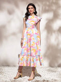 My Western Round Neck Tie Ruffle Hem A Line Dress Short Sleeve Long Dress My Western