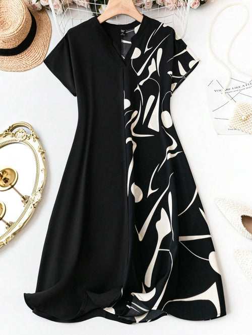 summer midi dress women India black half print cap sleeve casual