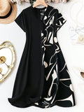 summer midi dress women India black half print cap sleeve casual