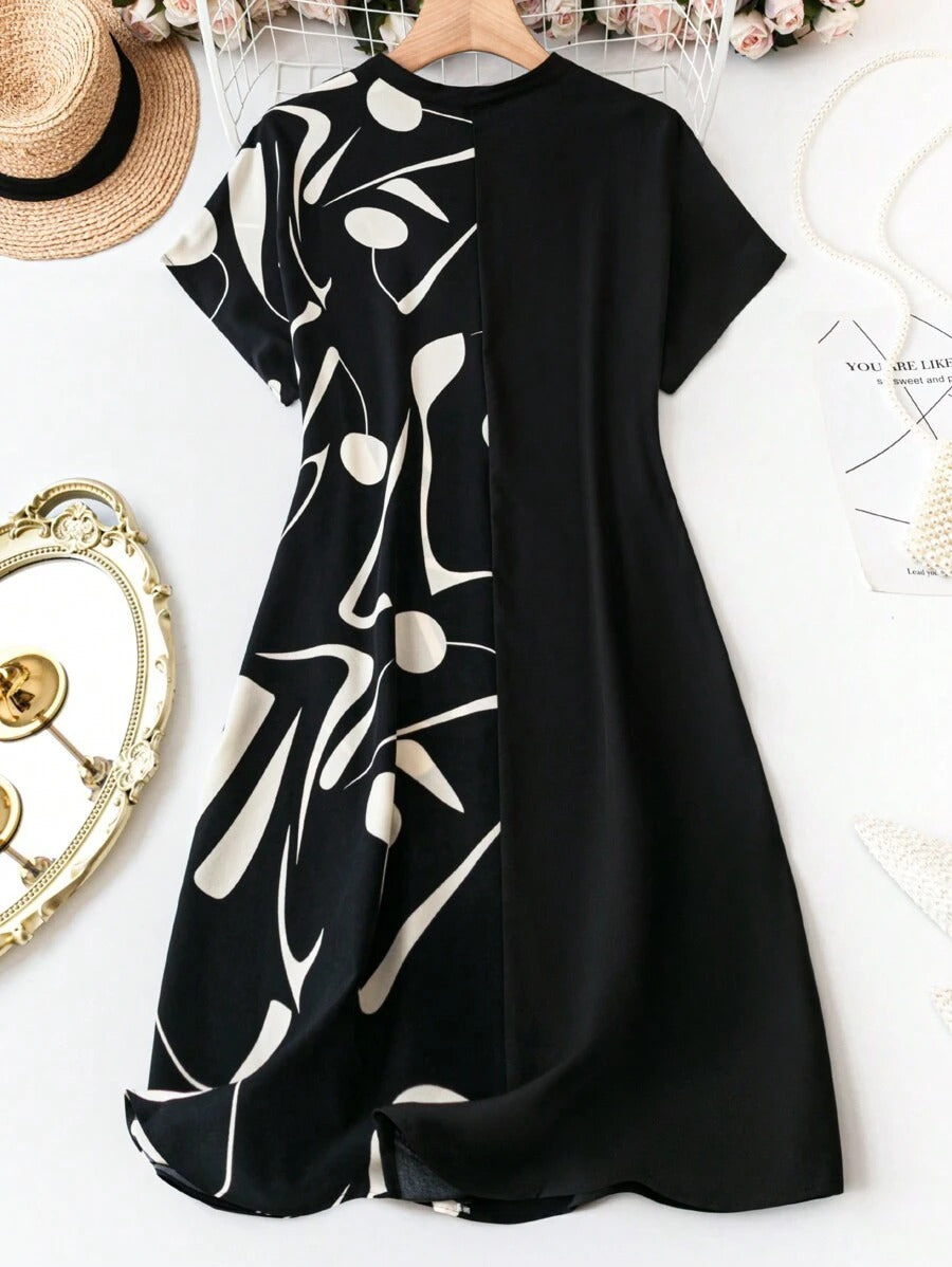 summer midi dress women India black half print cap sleeve casual