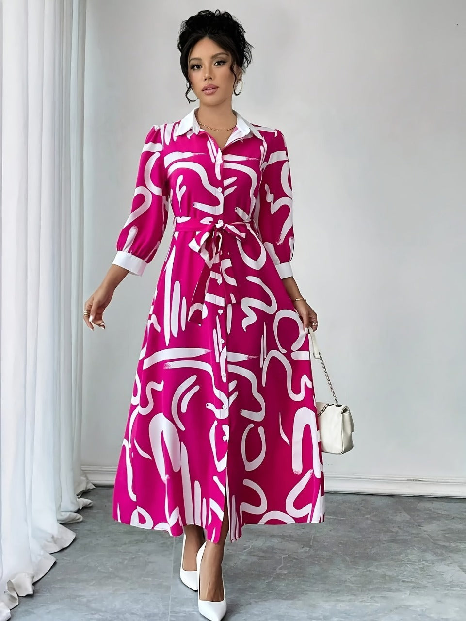 summer shirt dress women India pink abstract print belted maxi