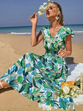 MyWestern Tropical Leaf Print Beach Maxi Dress My Western