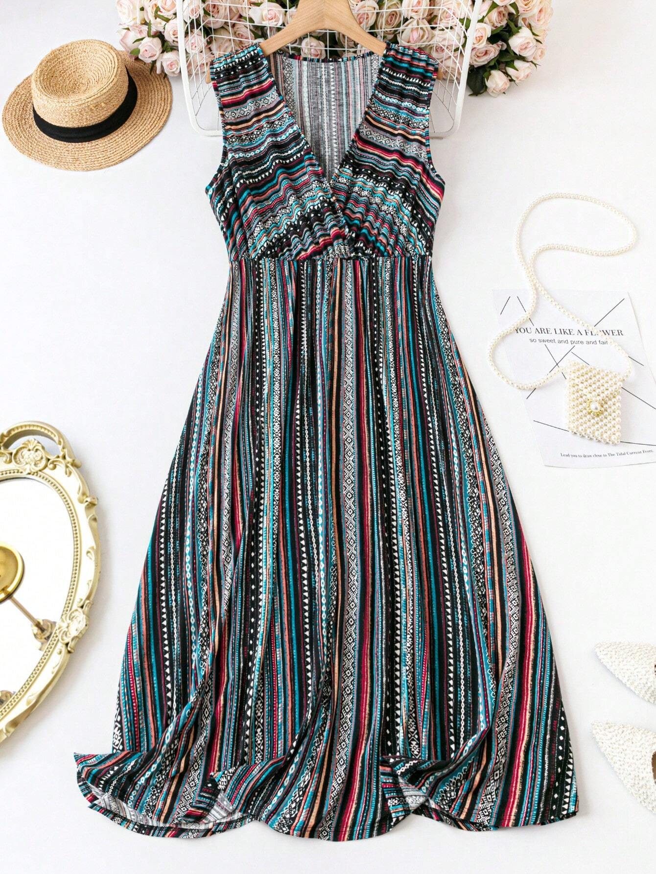 summer boho striped dress women India sleeveless waist tie flared