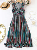 summer boho striped dress women India sleeveless waist tie flared