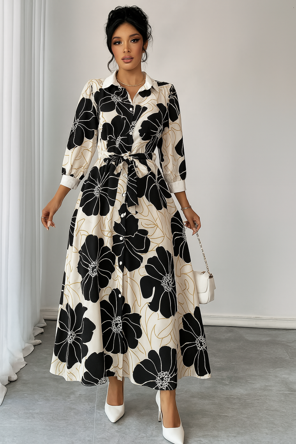 floral summer dress women India monochrome black white midi