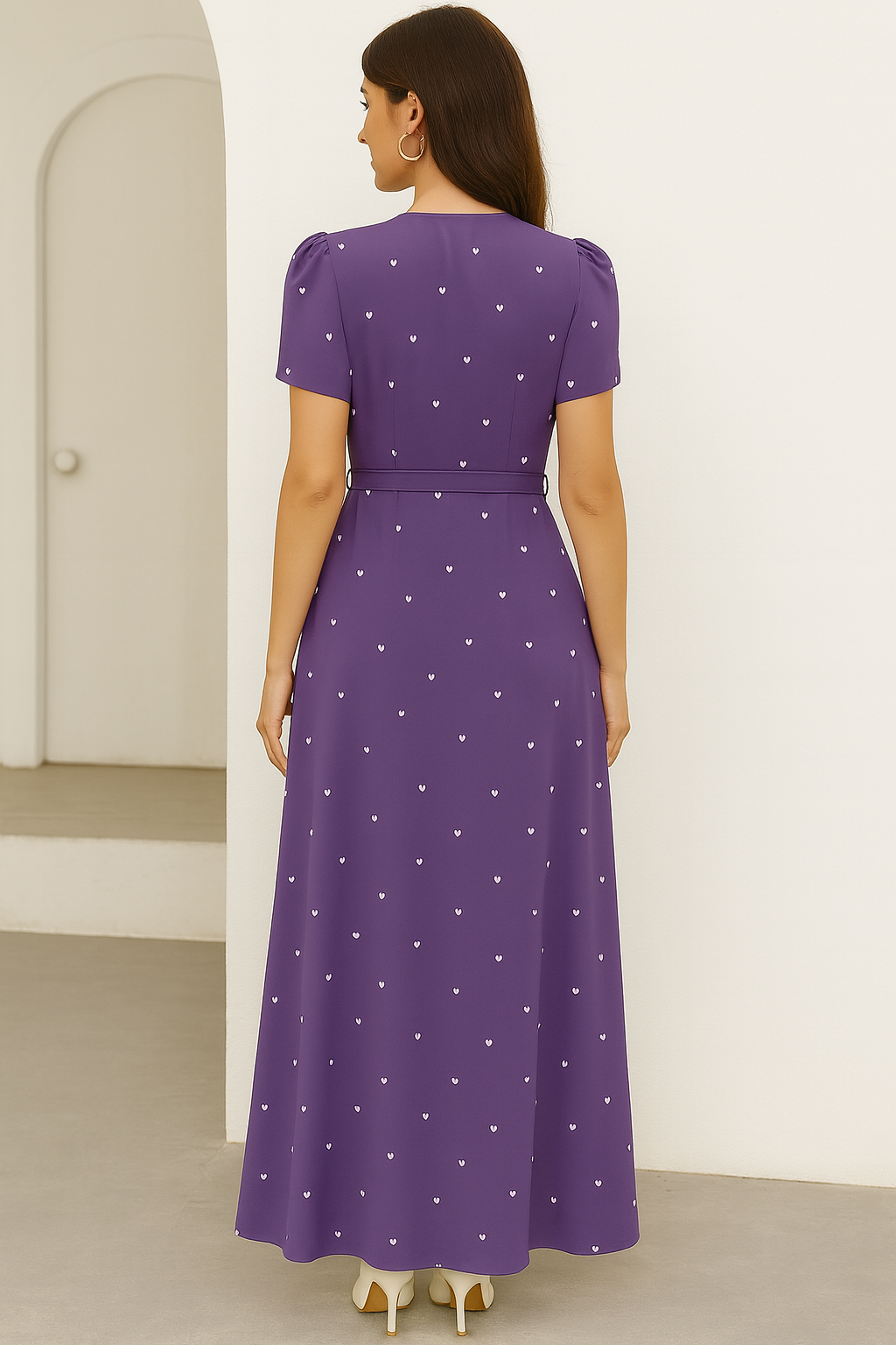 summer maxi dress women India purple heart print puff sleeve