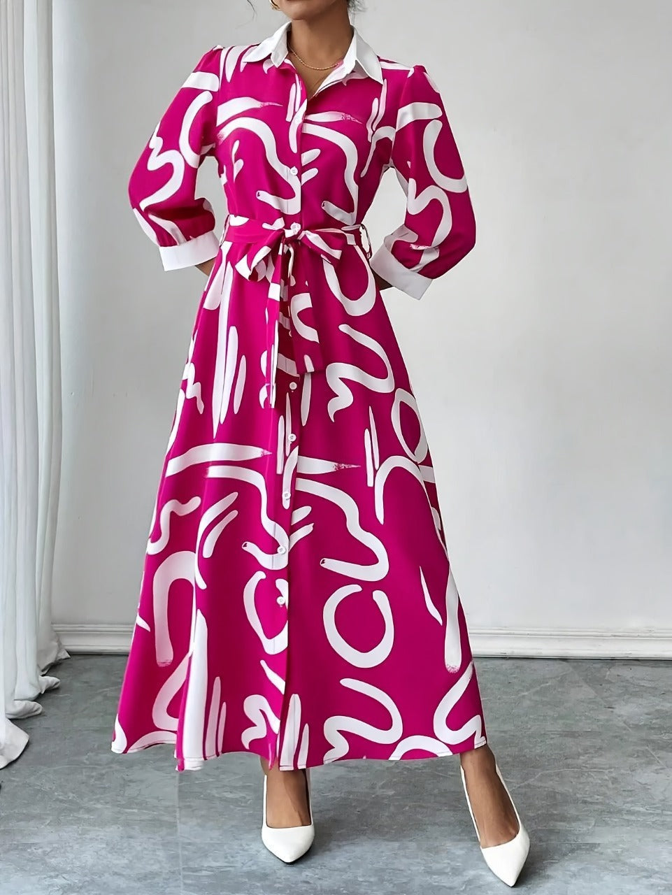 summer shirt dress women India pink abstract print belted maxi