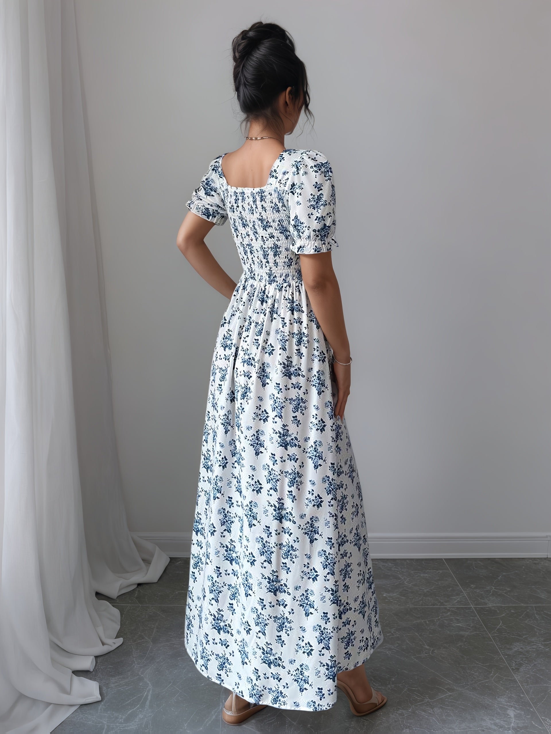 MyWestern Floral Print A-Line Maxi Dress with Puff Sleeves