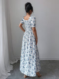 MyWestern Floral Print A-Line Maxi Dress with Puff Sleeves
