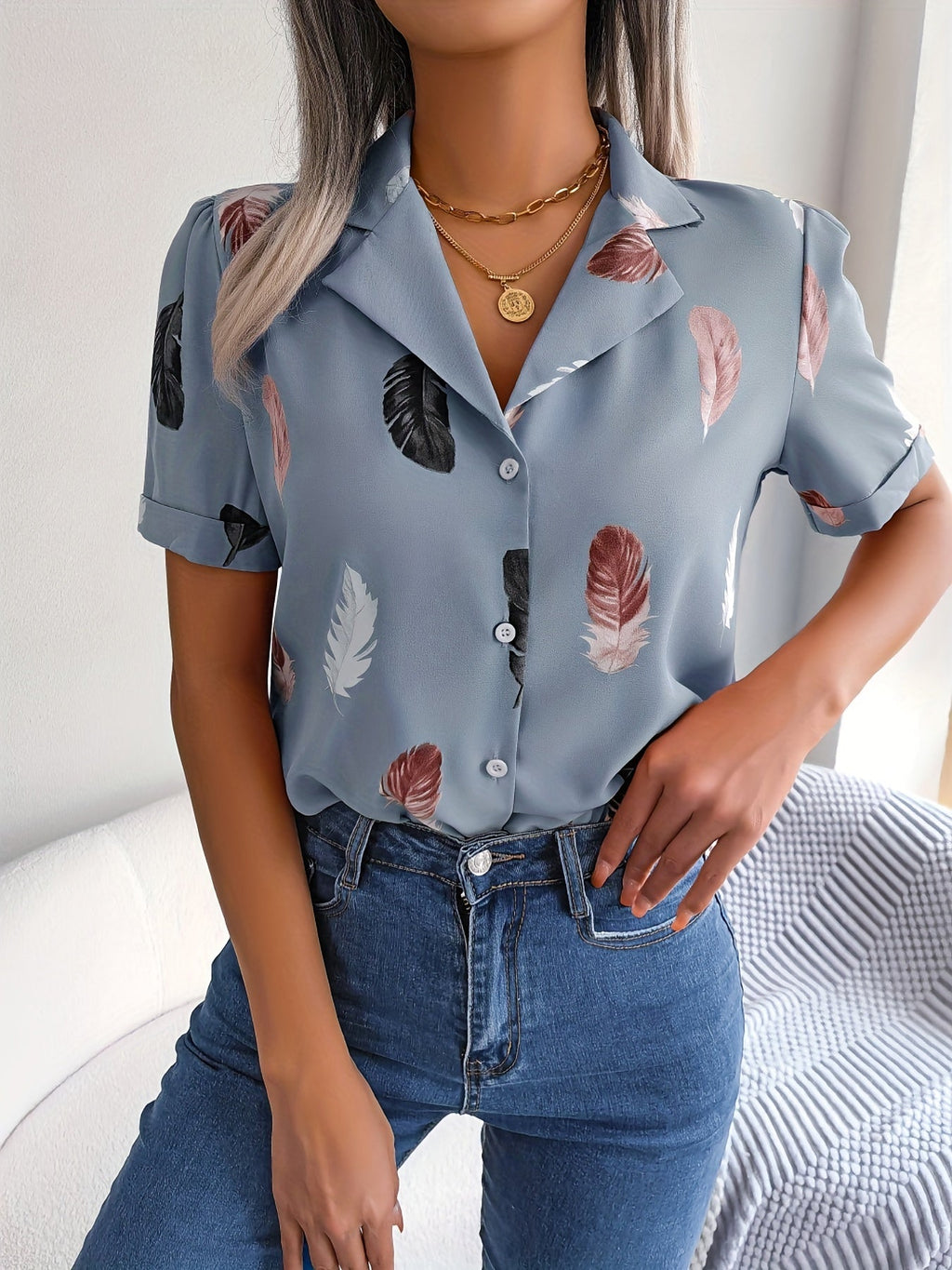 MyWestern Feather Print Light Blue Shirt My Western
