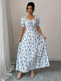 MyWestern Floral Print A-Line Maxi Dress with Puff Sleeves