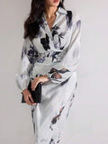 MyWestern Women's Fall Elegant Floral Print Lantern Sleeve Long Dress My Western