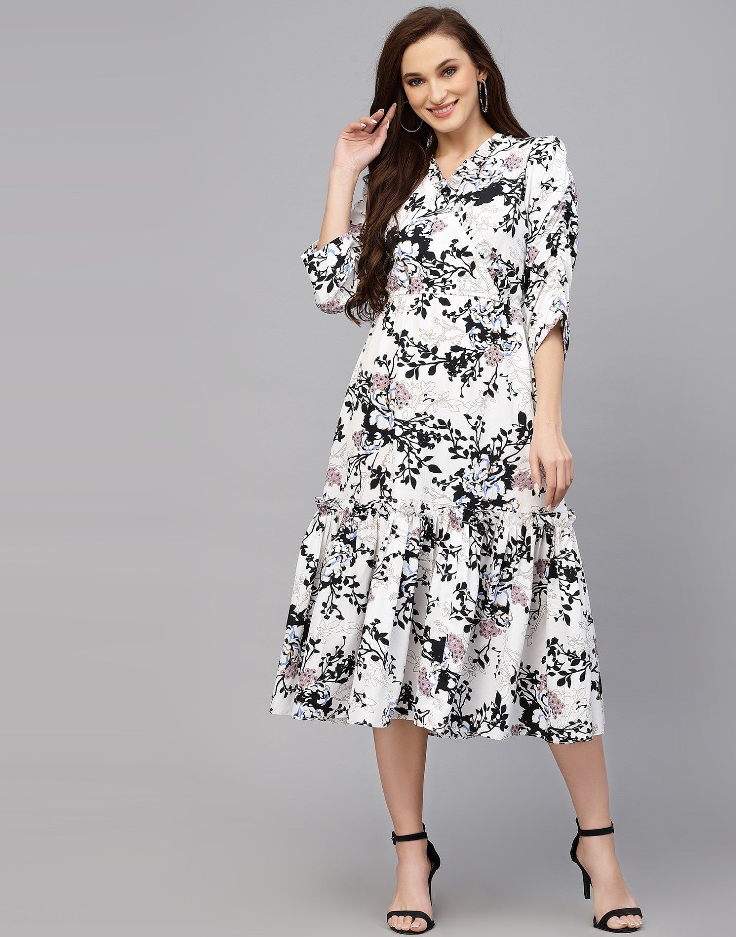 My Western Women's Crepe Floral Printed Ruffled Western Maxi Dress My Western