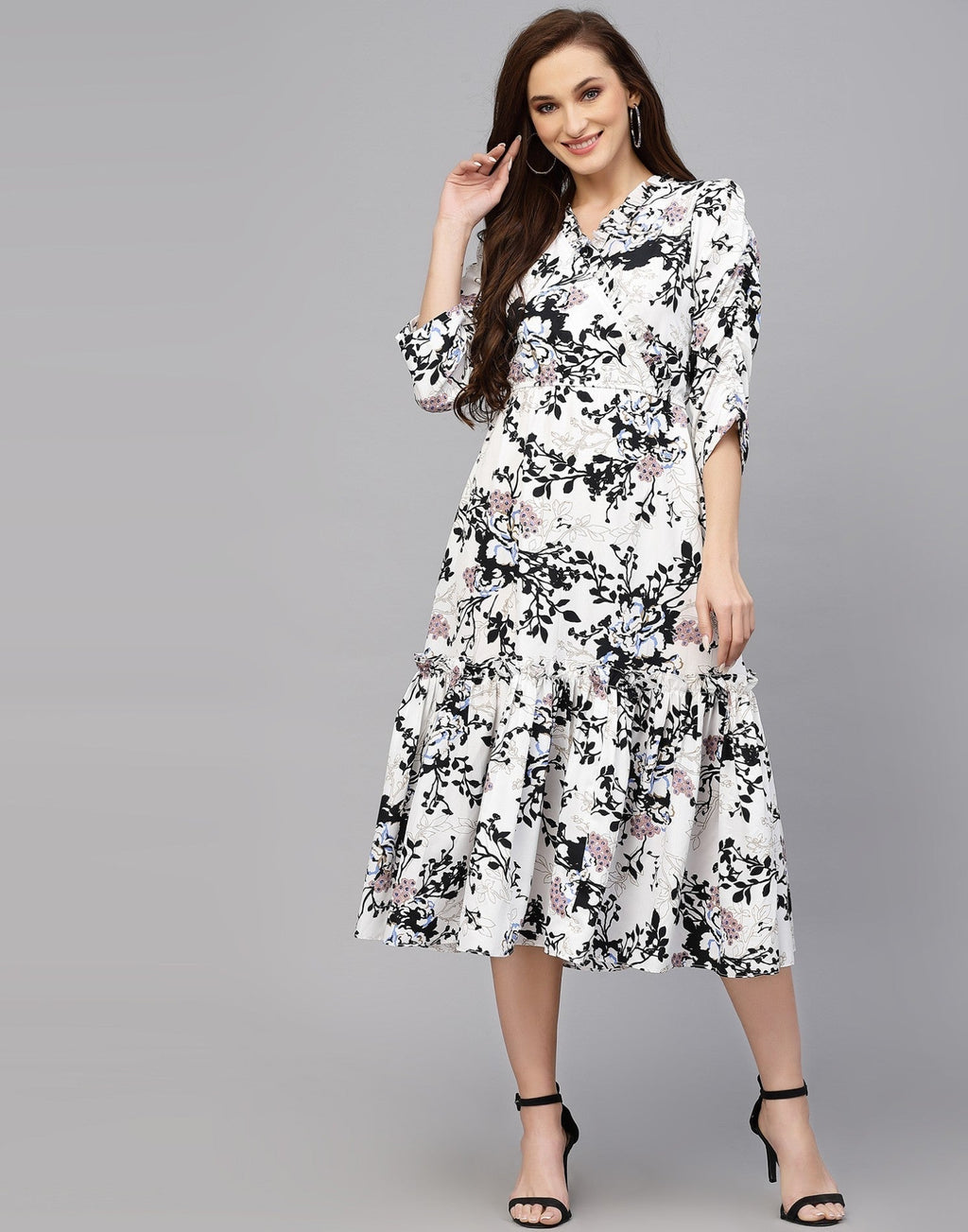 My Western Women's Crepe Floral Printed Ruffled Western Maxi Dress My Western