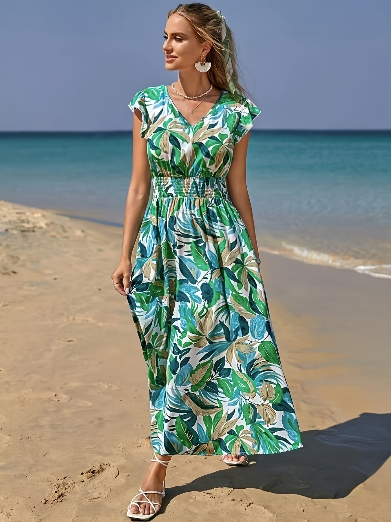 MyWestern Tropical Leaf Print Beach Maxi Dress My Western