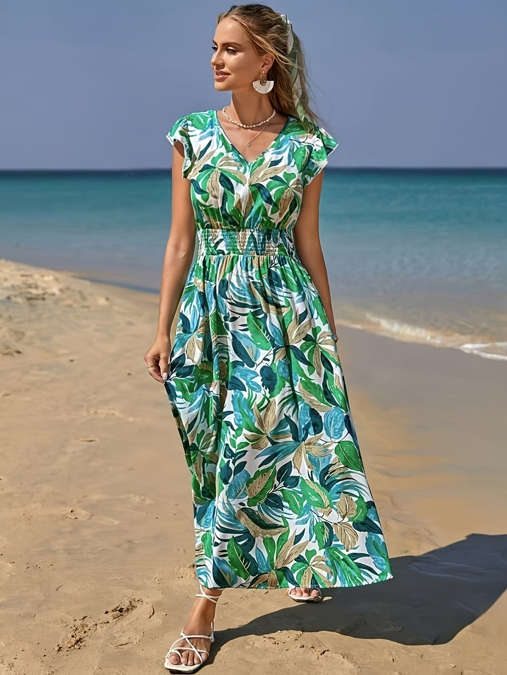 MyWestern Tropical Leaf Print Beach Maxi Dress My Western