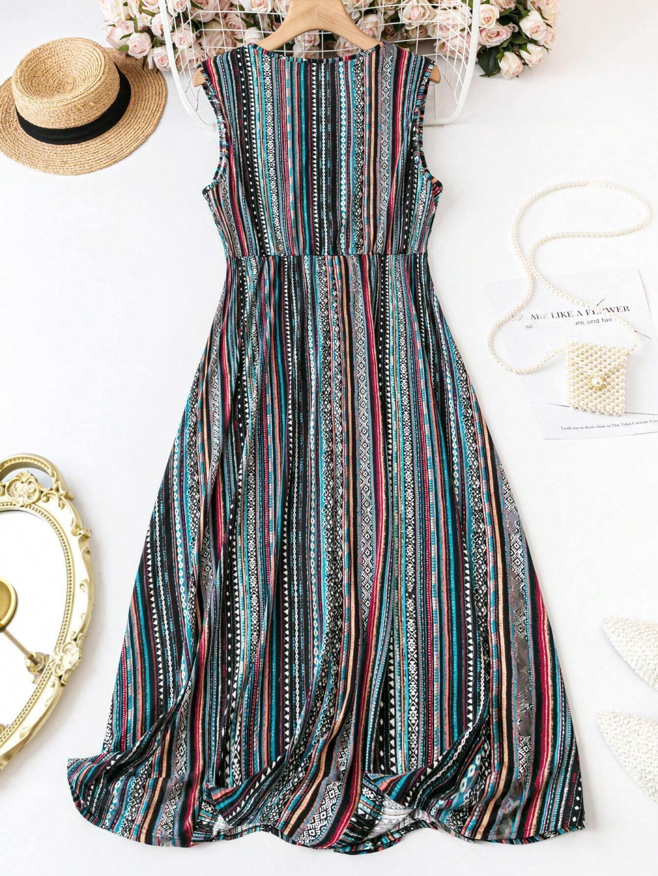 summer boho striped dress women India sleeveless waist tie flared