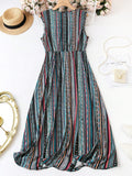 summer boho striped dress women India sleeveless waist tie flared