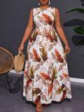Tropical Leaf Print Sleeveless Maxi Dress MyWestern