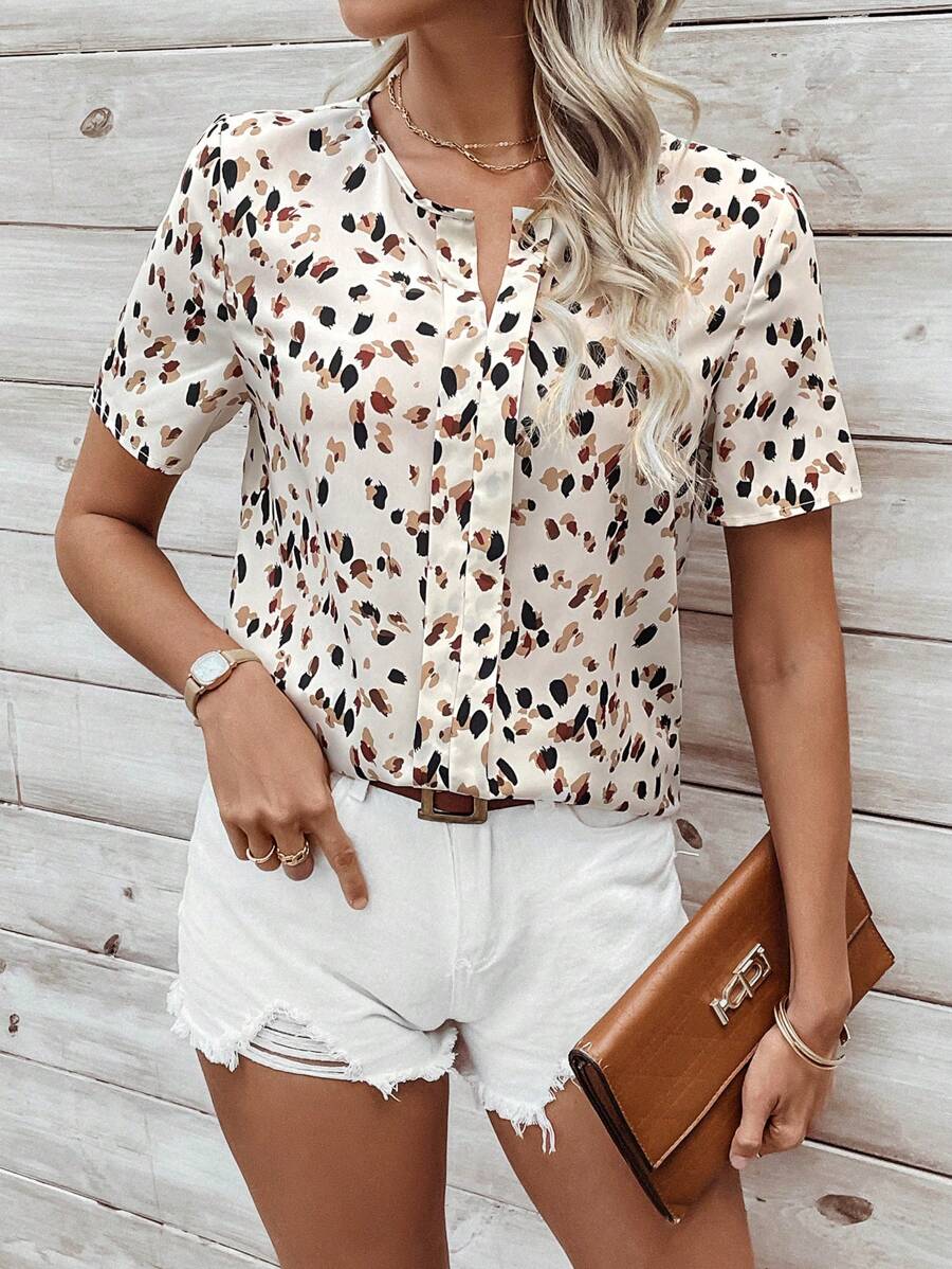 MyWesternWhite Soft Fabric Abstract Stripe Print Rolled-Up Short Sleeves Round Neckline Relaxed Fit Top For Women & Girls WesternLove