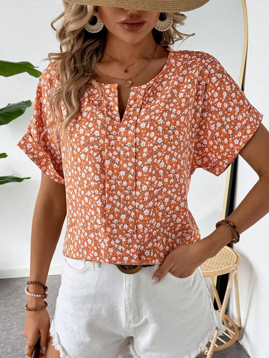MyWesternOrange Soft Fabric Abstract Stripe Print Rolled-Up Short Sleeves Round Neckline Relaxed Fit Top For Women & Girls WesternLove