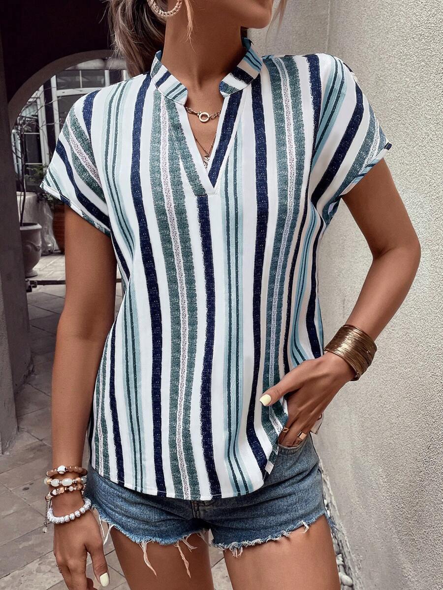 MyWesternMulticolor Striped Print Notched Neck Short Sleeve Top WesternLove