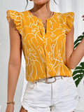 MyWesternYellow Soft Fabric Abstract Stripe Print Rolled-Up Short Sleeves Round Neckline Relaxed Fit Top For Women WesternLove