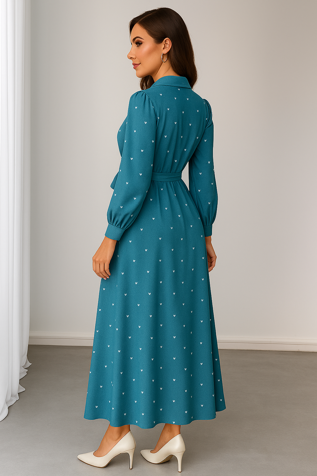 Western World Teal-Blue Heart Print Maxi Shirt Dress
