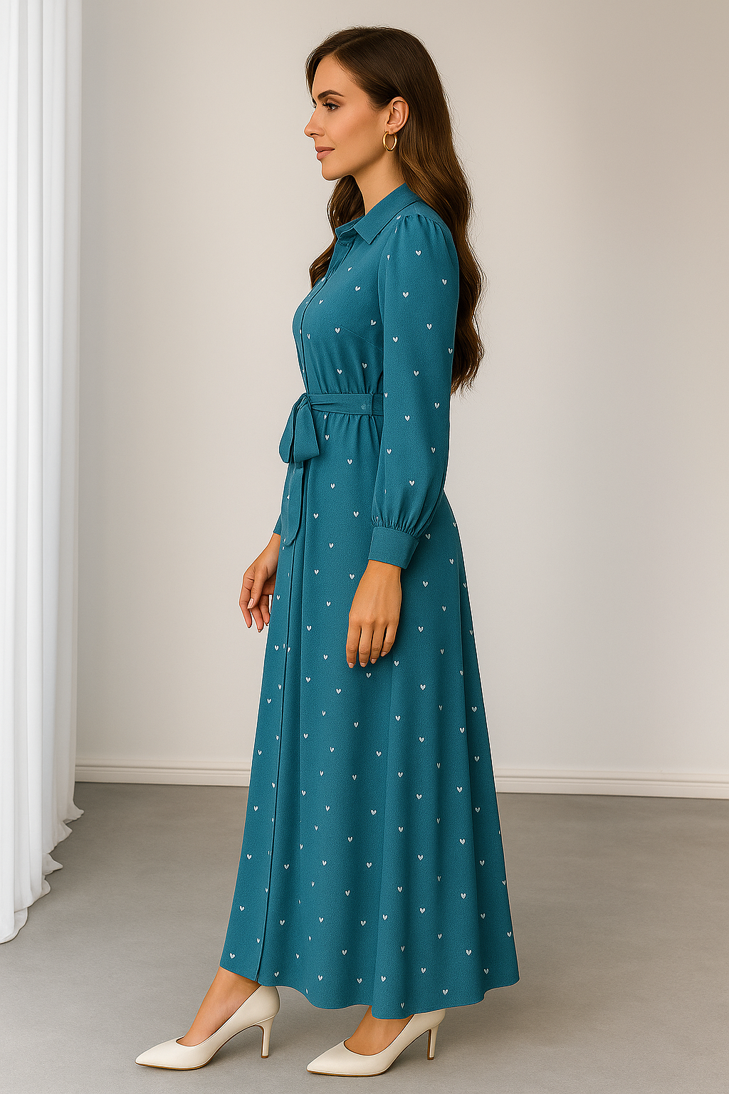 Western World Teal-Blue Heart Print Maxi Shirt Dress