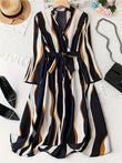 My Western Abstract Print Surplice Neck Belted Dress, Casual Long Sleeve Dress My Western