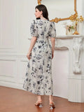 My Western Cotton Fit and Flare Printed Cap Sleeve Coller-Neck Casual Maxi Dress My Western