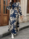My Western Allover Print Crew Neck Dress, Elegant Long Sleeve Ankle Length Dress My Western